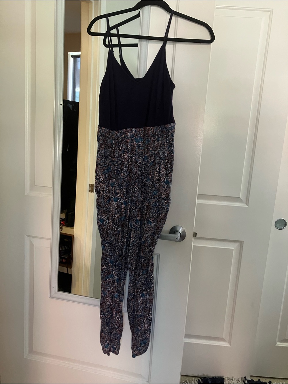 Anthropologie Navy Spaghetti-Strap Jumpsuit with Multicolor Printed Pants